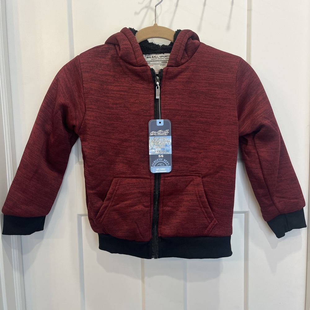 Big Ball Sports Boys Jacket Sherpa Lined Space Dye Red Hooded Coat Size 5/6‎